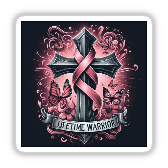 Gold Breast Cancer Series 7: A cross adorned with butterflies and a ribbon, available as stickers or digital artwork from Decal Venue.