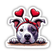 Peeking Eye Patch Heart Pitbull Dog sticker showcases a cartoon pitbull with hearts and a red bow atop its head, capturing a playful and artistic design. Ideal for sticker enthusiasts or digital art collectors.