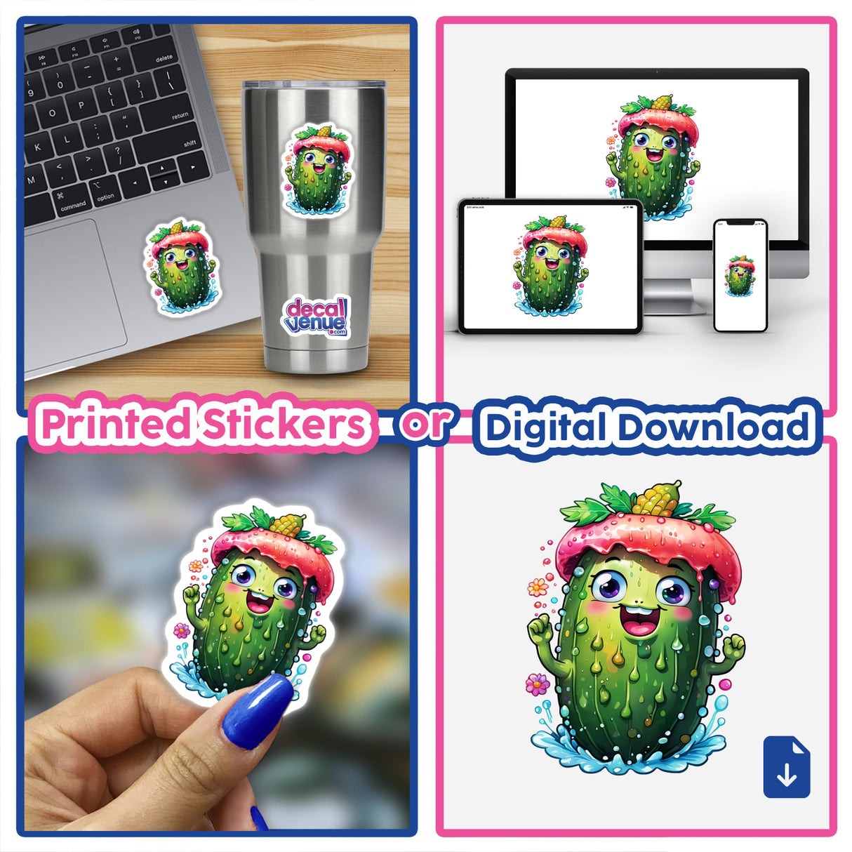 Smiling Pickle: Hilarious Sticker Design displayed on a laptop, a cup, and held in hand, showcasing versatile usage.