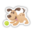 Playful Puppy sticker featuring a cartoon dog joyfully playing with a tennis ball, its tongue out, capturing a whimsical and lively design ideal for fans of unique, animal-themed decals.