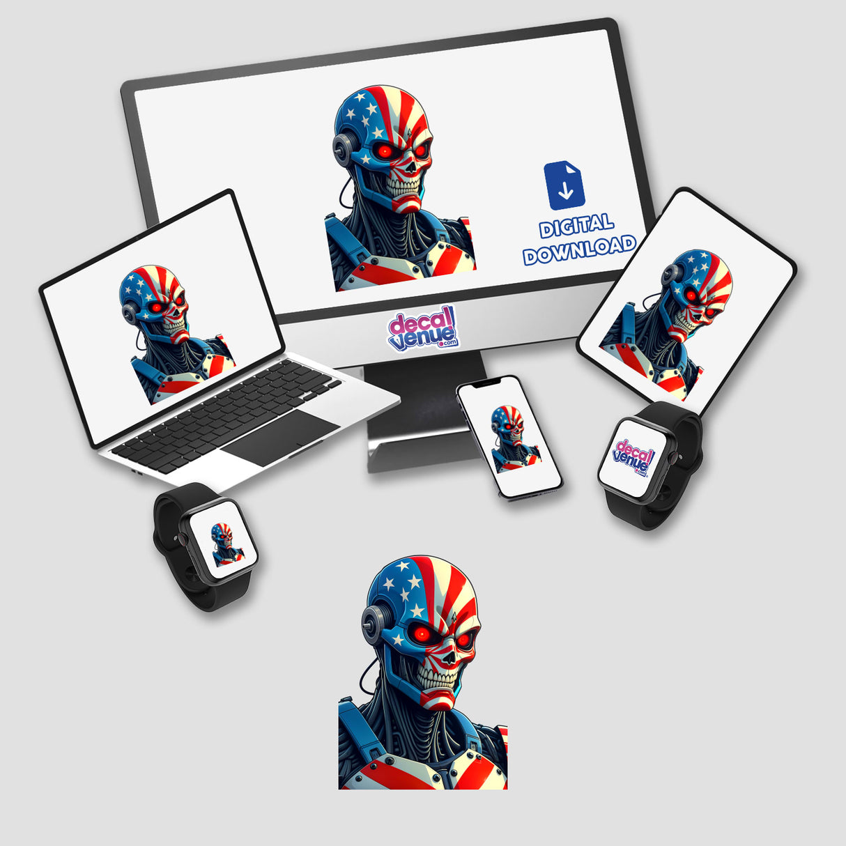 A Cool American Flag Army Cyborg design featured on a computer screen, showcasing a unique digital artwork available as stickers or digital art from Decal Venue.