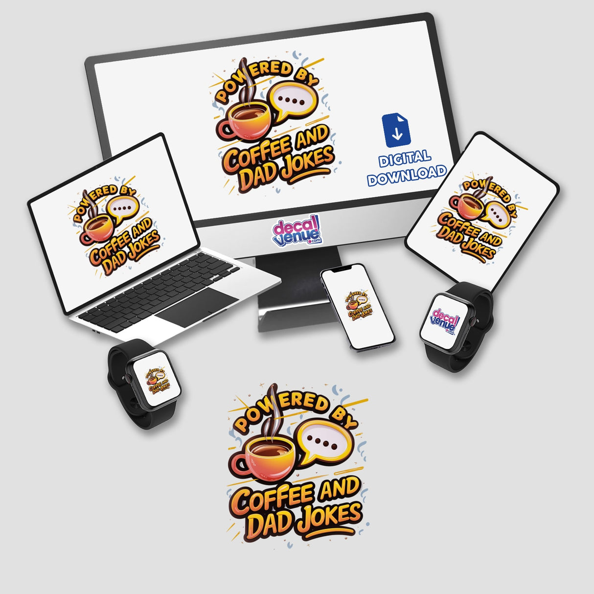 Computer monitor and laptop displaying Powered by Coffee and Dad Jokes logo, accompanied by a coffee cup and digital devices. Available as stickers or digital artwork.