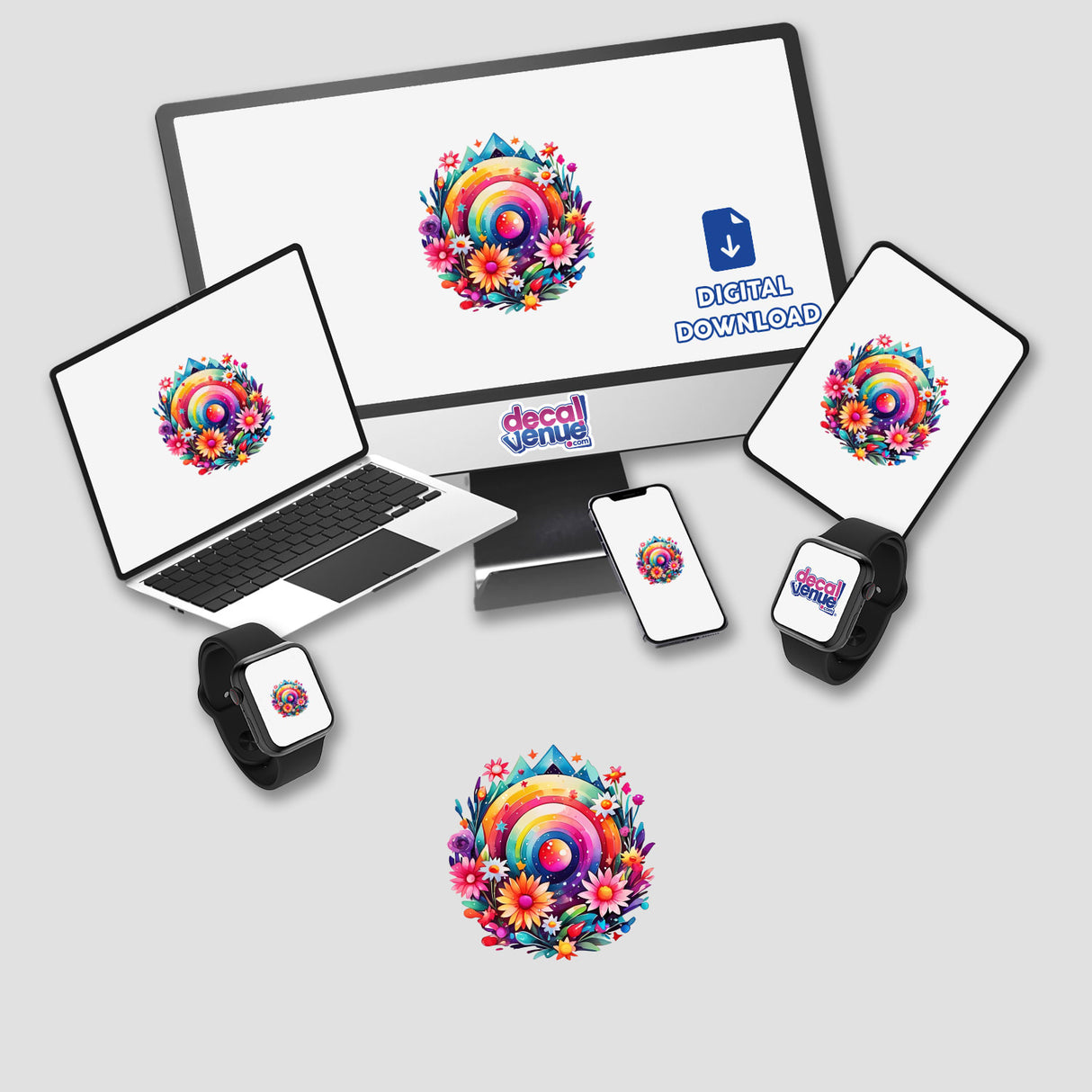 Abstract Joyful Cosmic Floral Portal Sticker displayed on a laptop screen, featuring vibrant flowers and a colorful circular design. Available as stickers or digital artwork from Decal Venue.