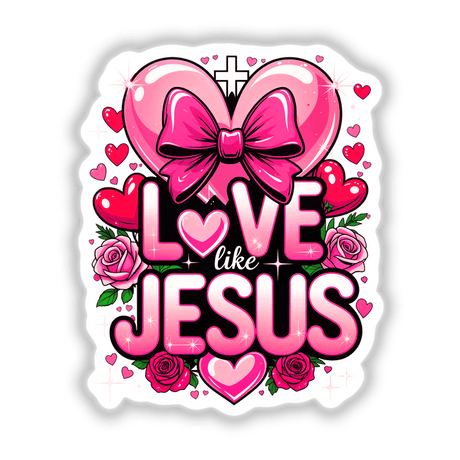 Love Like Jesus Valentine Hearts sticker features a pink heart adorned with a bow and roses, perfect for Valentine's Day-themed digital artwork or decorative use.