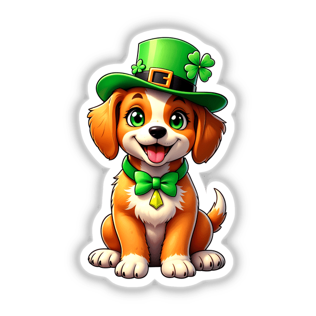 St. Patrick's Day Puppy sticker features a cartoon dog wearing a green hat, adorned with playful elements like a bow tie, perfect for festive celebrations or digital art collection.