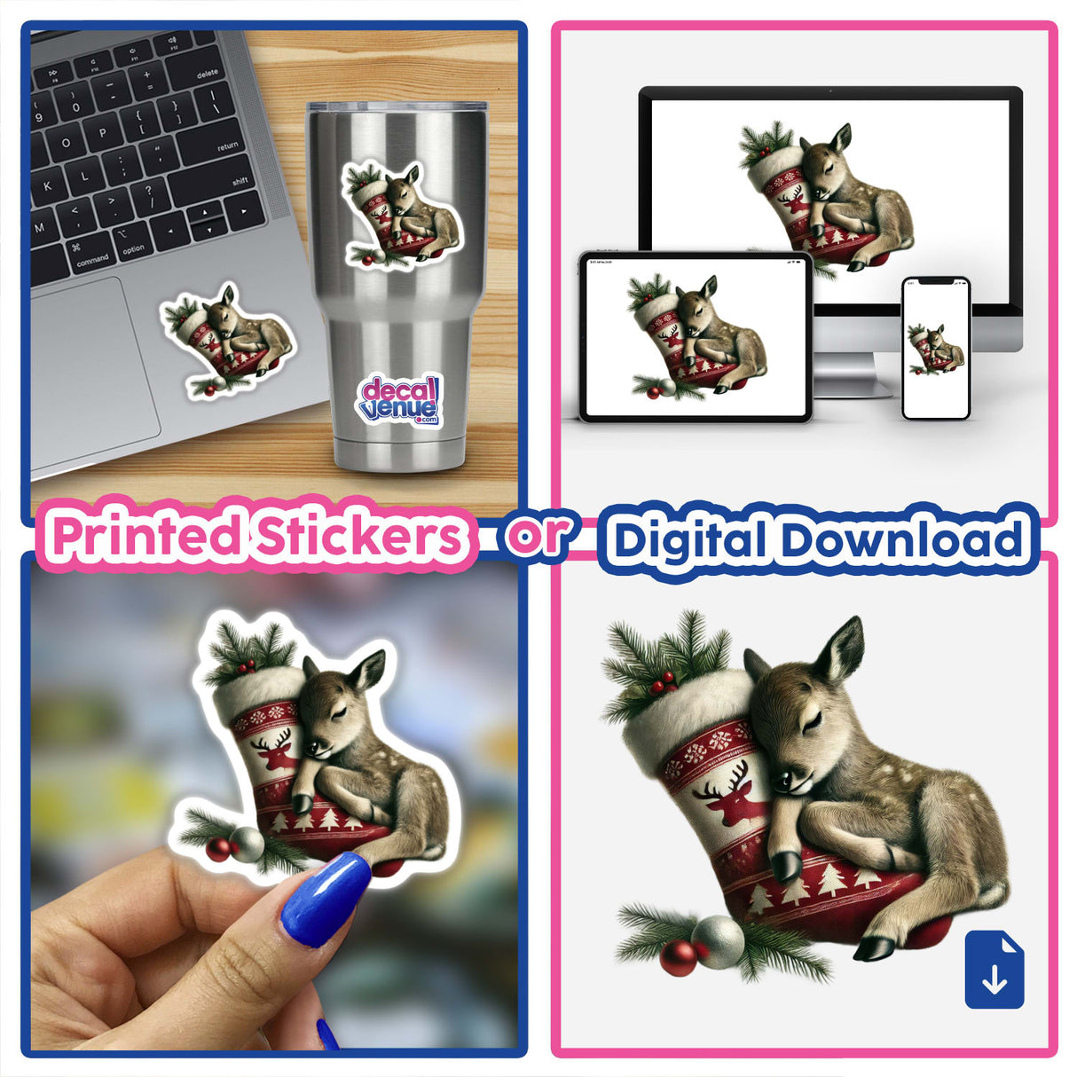 Baby Reindeer Resting Head on Christmas Stocking, depicted in a collage with close-ups of decals, nails, and laptop stickers, showcasing adorable holiday-themed digital art and stickers.