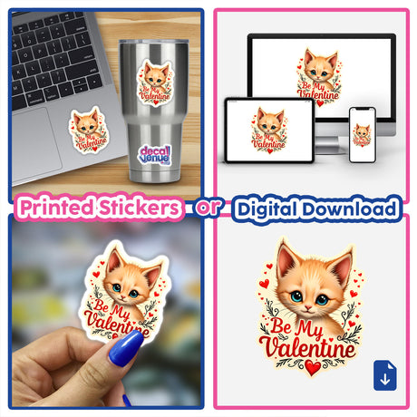 Be My Valentine Valentine's Day Kitten sticker collage featuring adorable cat-themed designs, suitable as stickers or digital artwork. Perfect for laptops, cups, and more, from Decal Venue.