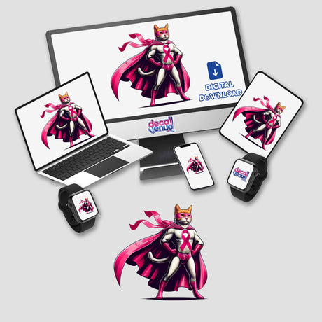 Superhero Cat Pink Ribbon Breast Cancer digital artwork featuring a cat in a pink cape displayed on a computer monitor, laptop, and smartwatch. Available as stickers or digital downloads.