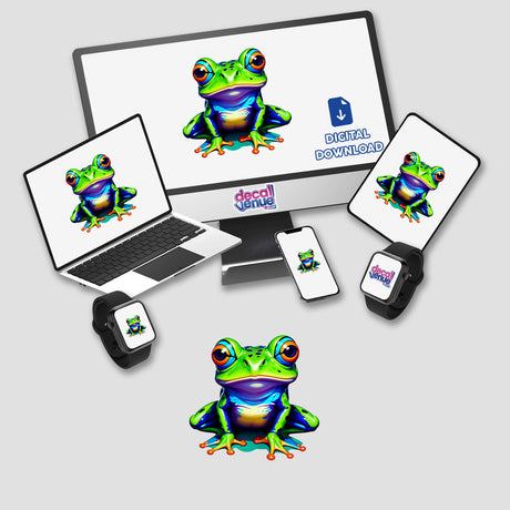 A Colorful Jungle Frog displayed on a computer monitor and laptop, showcasing its vibrant design, available as stickers or digital artwork from Decal Venue.