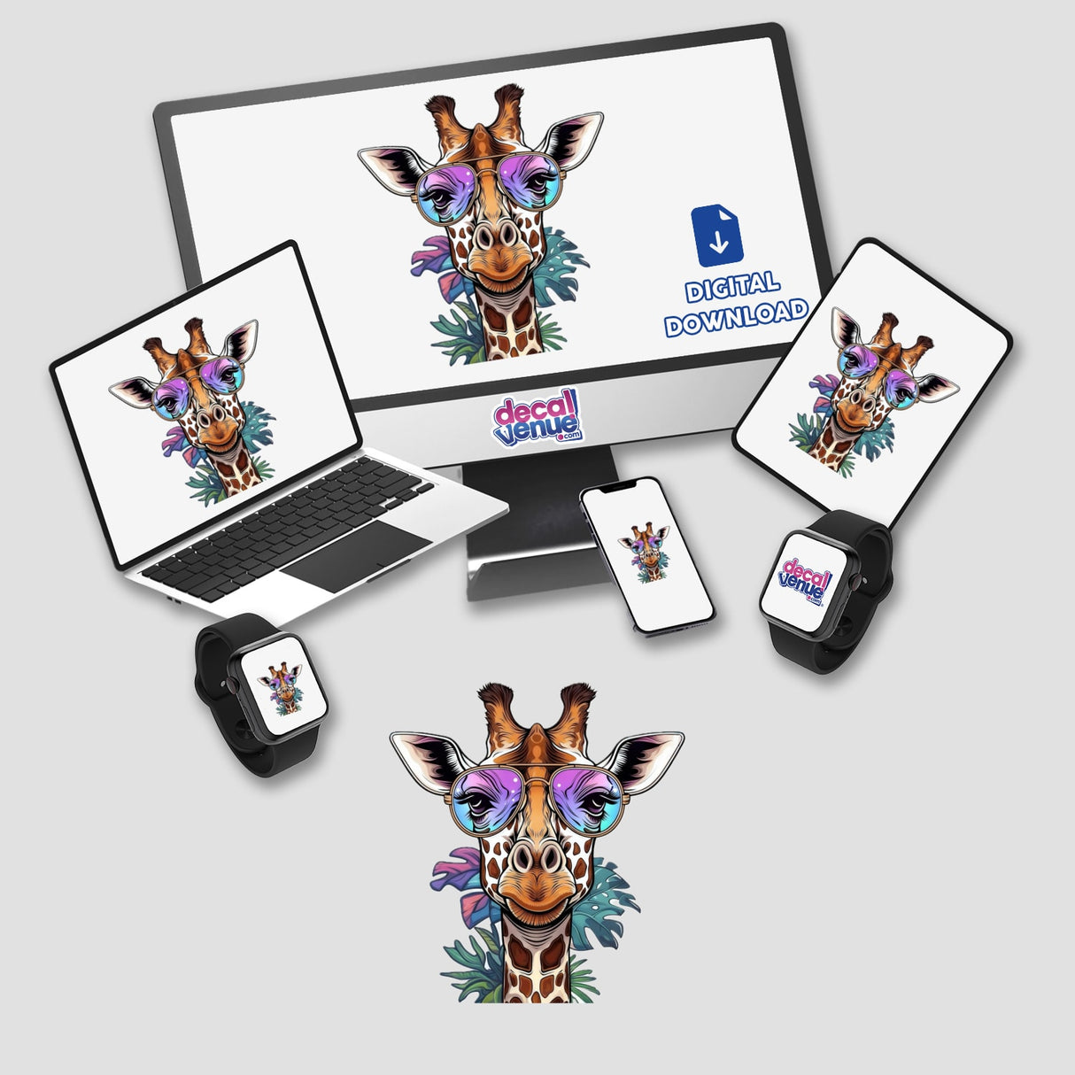 Giraffe Wearing Colorful Sunglasses on screens, depicted as digital artwork, available as stickers or digital downloads from Decal Venue, featuring playful, cartoon-style giraffe imagery.