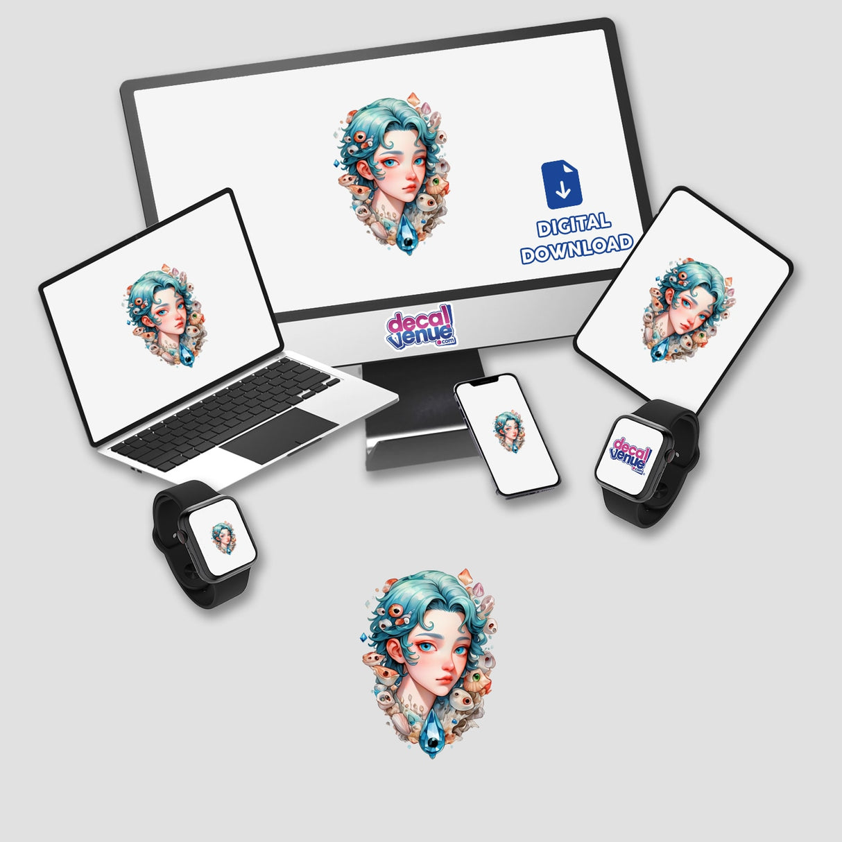 Sea-Inspired Anatomy Sticker | Woman’s Head with Coral Reefs and Shells displayed on a laptop and monitor, featuring a cartoon woman with blue hair integrated with marine elements.