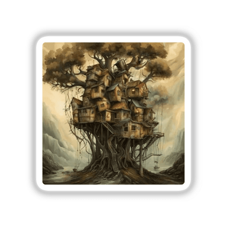 Fantasy Treehouse Collection: An artistic depiction of a tree with multiple interconnected houses, available as stickers or digital artwork, showcasing whimsical architecture in a framed painting style.