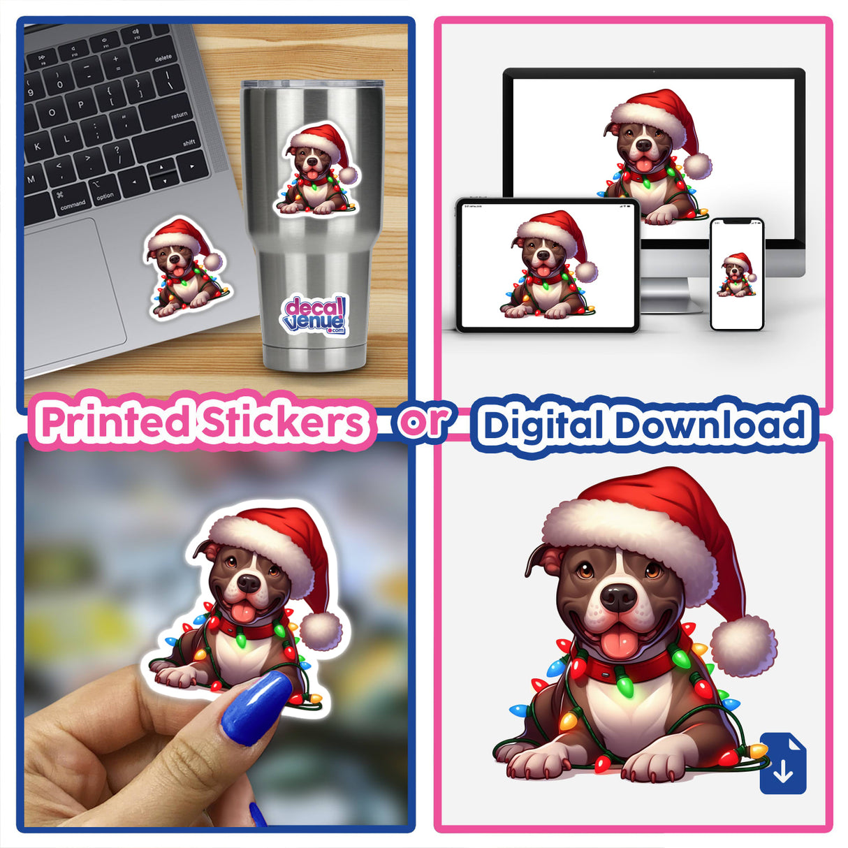 Happy Christmas Santa Pitbull Dog Tangled Lights featured as a sticker or digital artwork, showcasing a dog with Christmas lights and a Santa hat, ideal for festive decoration.