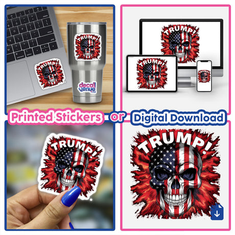 Trump American Flag Skull Face - Digital artwork showcasing a skull with a distressed American flag design, available as printed stickers or a digital download.