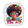 Trendy Afro Boy with Cool Glasses: Rainbow Floral Splash, illustrated cartoon of a boy with glasses, surrounded by vibrant flowers, available as stickers or digital artwork.