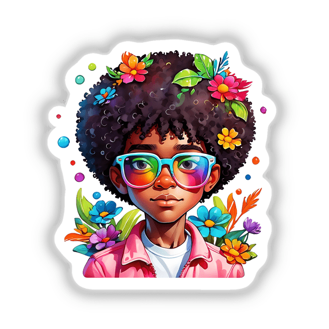 Trendy Afro Boy with Cool Glasses: Rainbow Floral Splash, illustrated cartoon of a boy with glasses, surrounded by vibrant flowers, available as stickers or digital artwork.