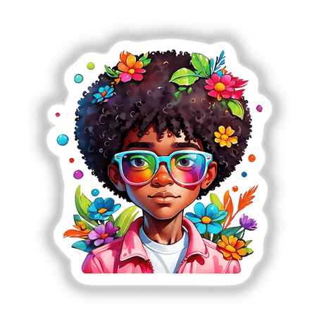 Trendy Afro Boy with Cool Glasses: Rainbow Floral Splash, illustrated cartoon of a boy with glasses, surrounded by vibrant flowers, available as stickers or digital artwork.