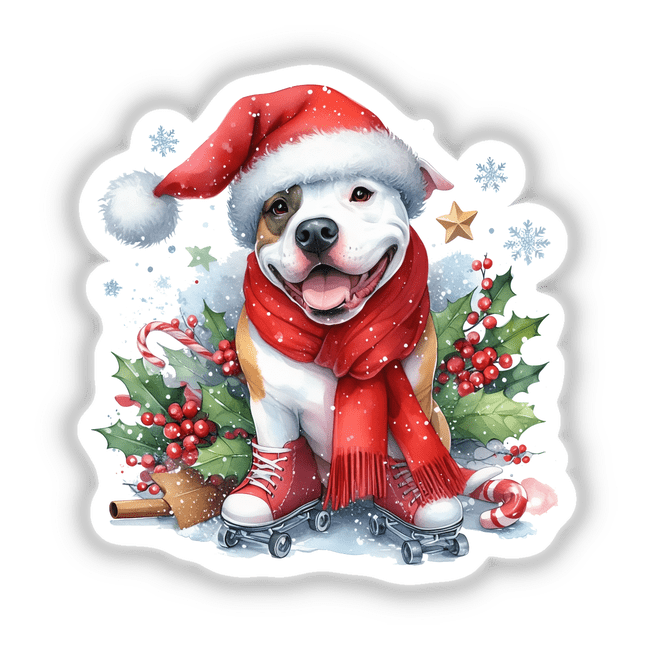 Christmas Scene Santa Pitbull Dog wearing a Santa hat and scarf, available as stickers or digital artwork, capturing a festive and whimsical essence for holiday-themed decor.