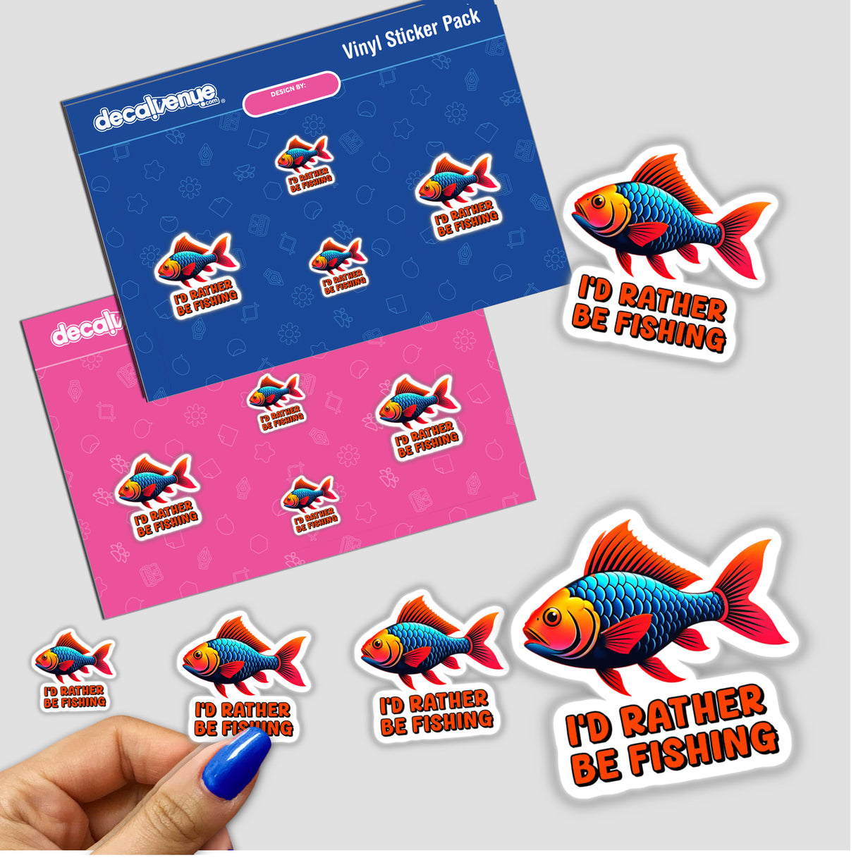 Stickers featuring a cartoon fish design with the text I'd Rather Be Fishing, showcasing vibrant graphic elements. Available as part of Decal Venue's unique vinyl sticker and digital art collection.