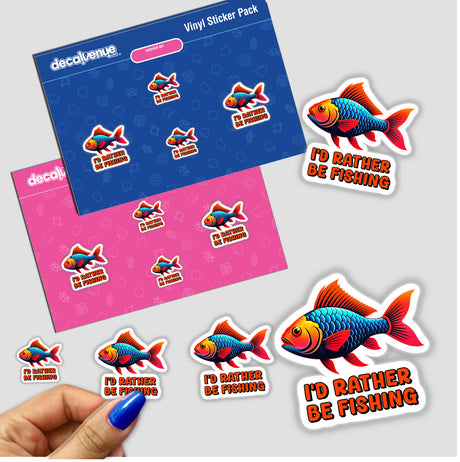 Stickers featuring a cartoon fish design with the text I'd Rather Be Fishing, showcasing vibrant graphic elements. Available as part of Decal Venue's unique vinyl sticker and digital art collection.