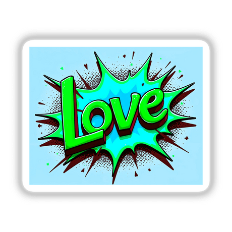 Love Valentine's Day-themed graphic featuring a vibrant green V and E on a blue background, available as unique stickers or digital artwork from Decal Venue.