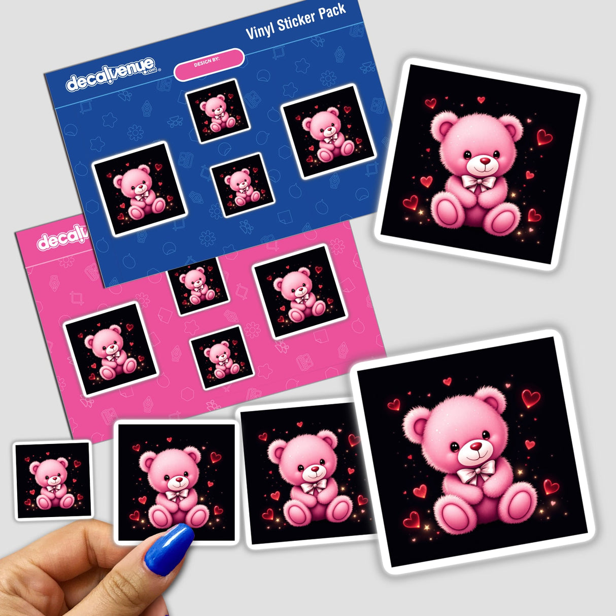 Pink Teddy Bear with White Bow and Red Hearts sticker, showcasing a cartoon teddy adorned with hearts, perfect for adding a playful touch to any surface. Available as stickers or digital artwork.