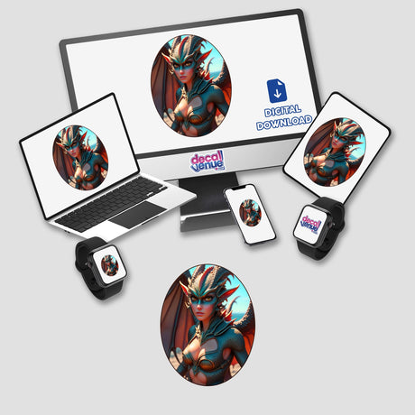 A Beautiful Fantasy Dragon Girl depicted on various digital devices, showcasing her in a dragon-themed garment. Available as stickers or digital artwork from Decal Venue.