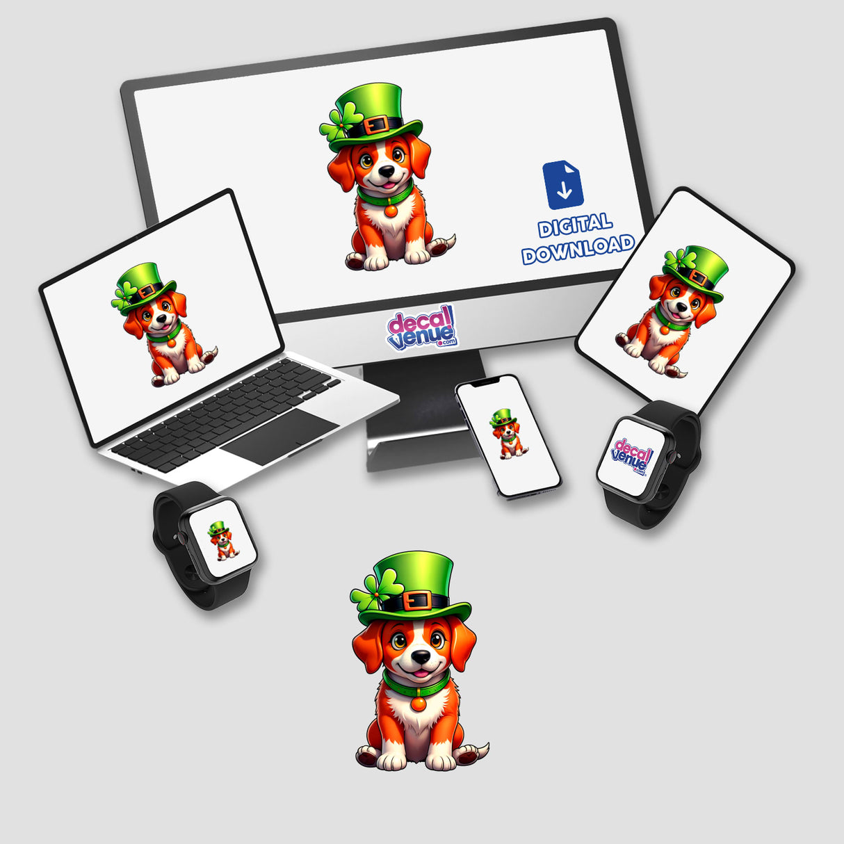 St. Patrick's Day Puppy digital artwork displayed on a computer monitor and laptop, featuring a cartoon dog wearing a green hat. Available as stickers or digital download from Decal Venue.