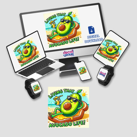 Living that avocado life: Cartoon avocado with sunglasses on toast displayed on a computer monitor and laptop, available as stickers or digital artwork.