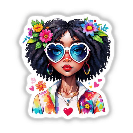 Afro Hippie Chick: Sticker with Heart-Shaped Glasses features a cartoon woman adorned with flowers in her hair and wearing stylish heart-shaped sunglasses, available as stickers or digital artwork.