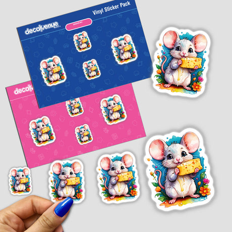 Cheesy Companion: Cute Mouse stickers featuring cartoon mice holding cheese, available as stickers or digital artwork.