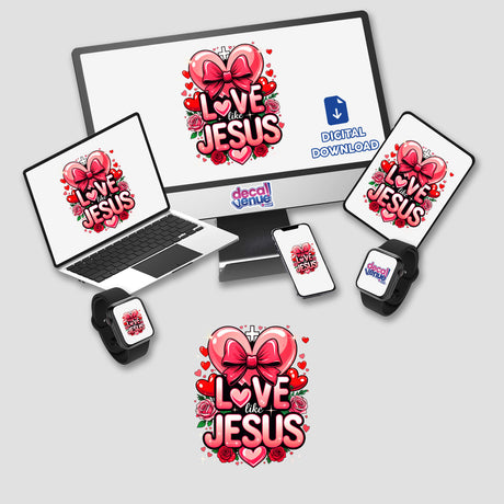 Love Like Jesus Valentine Hearts design featuring a computer monitor, laptop, phone, and smartwatch adorned with hearts and flowers, available as stickers or digital artwork from Decal Venue.