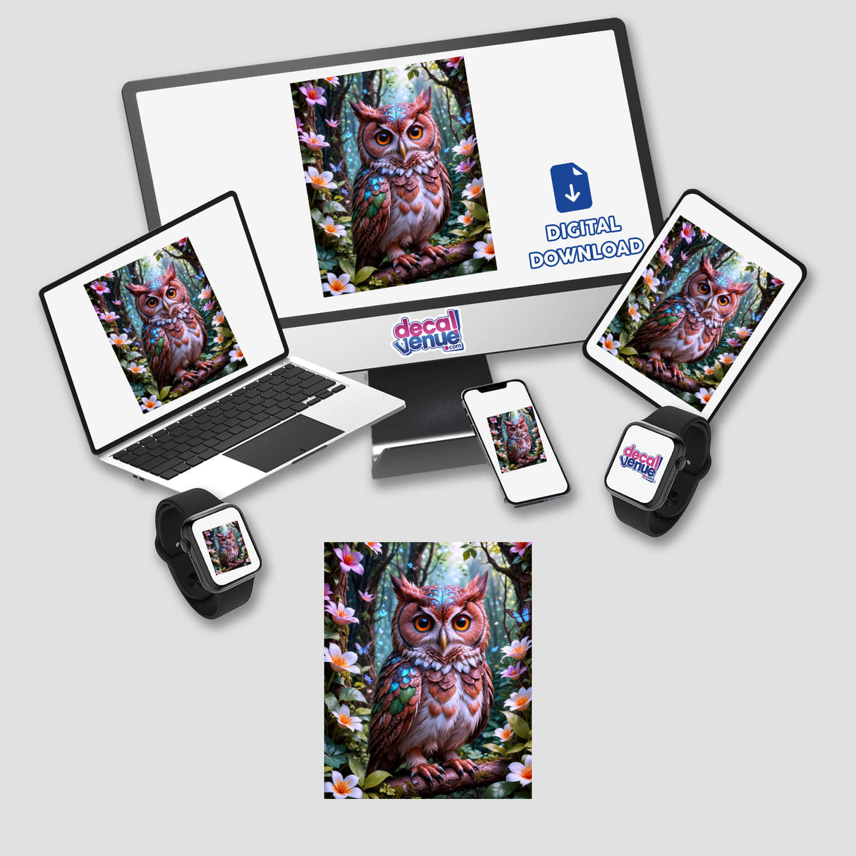 A Lovely Owl With Blooming Flowers displayed on a computer monitor and laptop screen, available as stickers or digital artwork from Decal Venue.