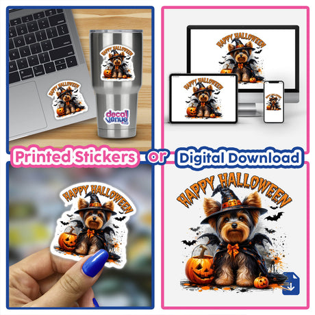 Halloween Yorkie Dog in Dracula Costume II sticker displayed on a laptop, featuring a cartoon Yorkie in a Dracula outfit, available as a sticker or digital artwork from Decal Venue.