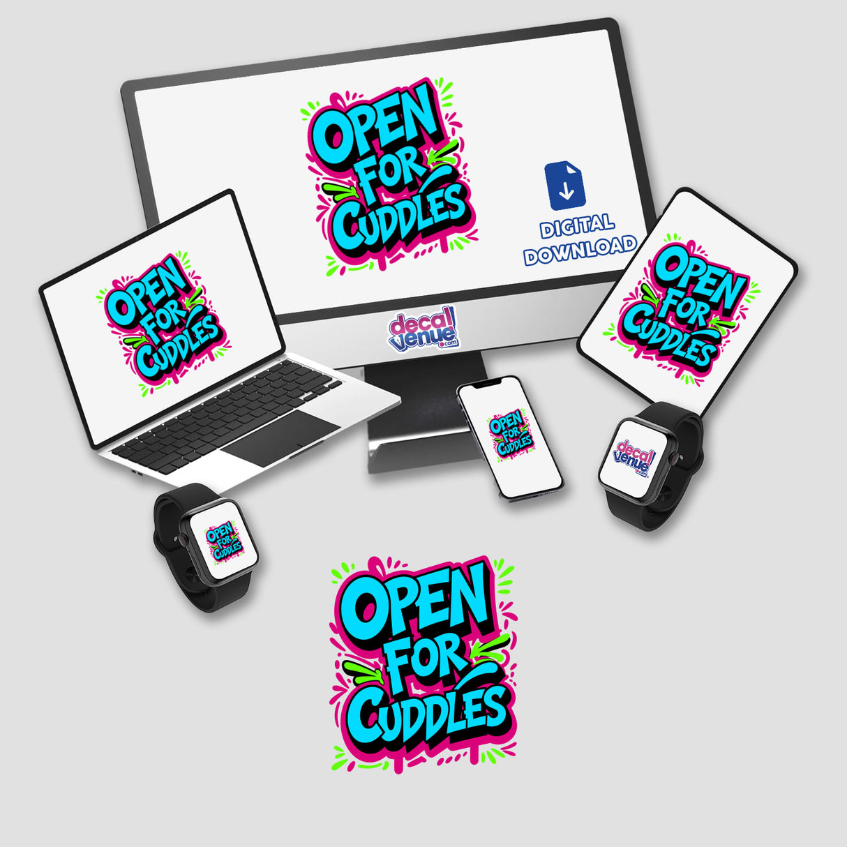 Open For Cuddles Funny Quote displayed on a laptop and phone screen, showcasing unique sticker or digital artwork. The image captures multiple electronic devices featuring the playful design from Decal Venue.