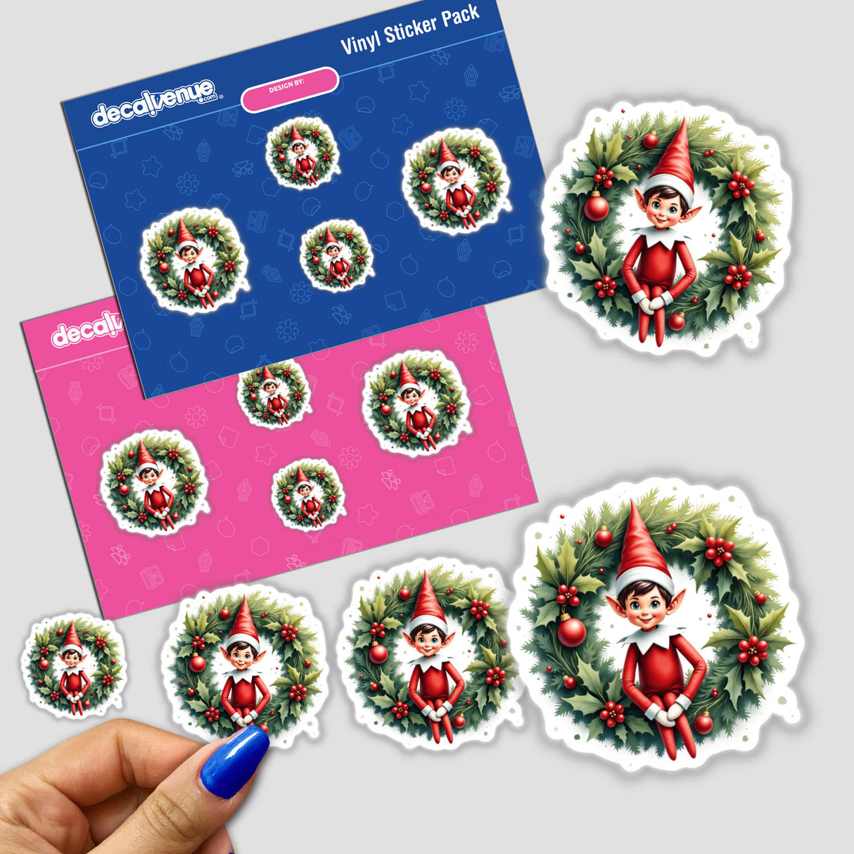 Cheerful Elf in a Christmas Wreath sticker pack, featuring whimsical cartoon elves seated in festive wreaths, available as physical stickers or digital artwork. Ideal for holiday decor or gifts.