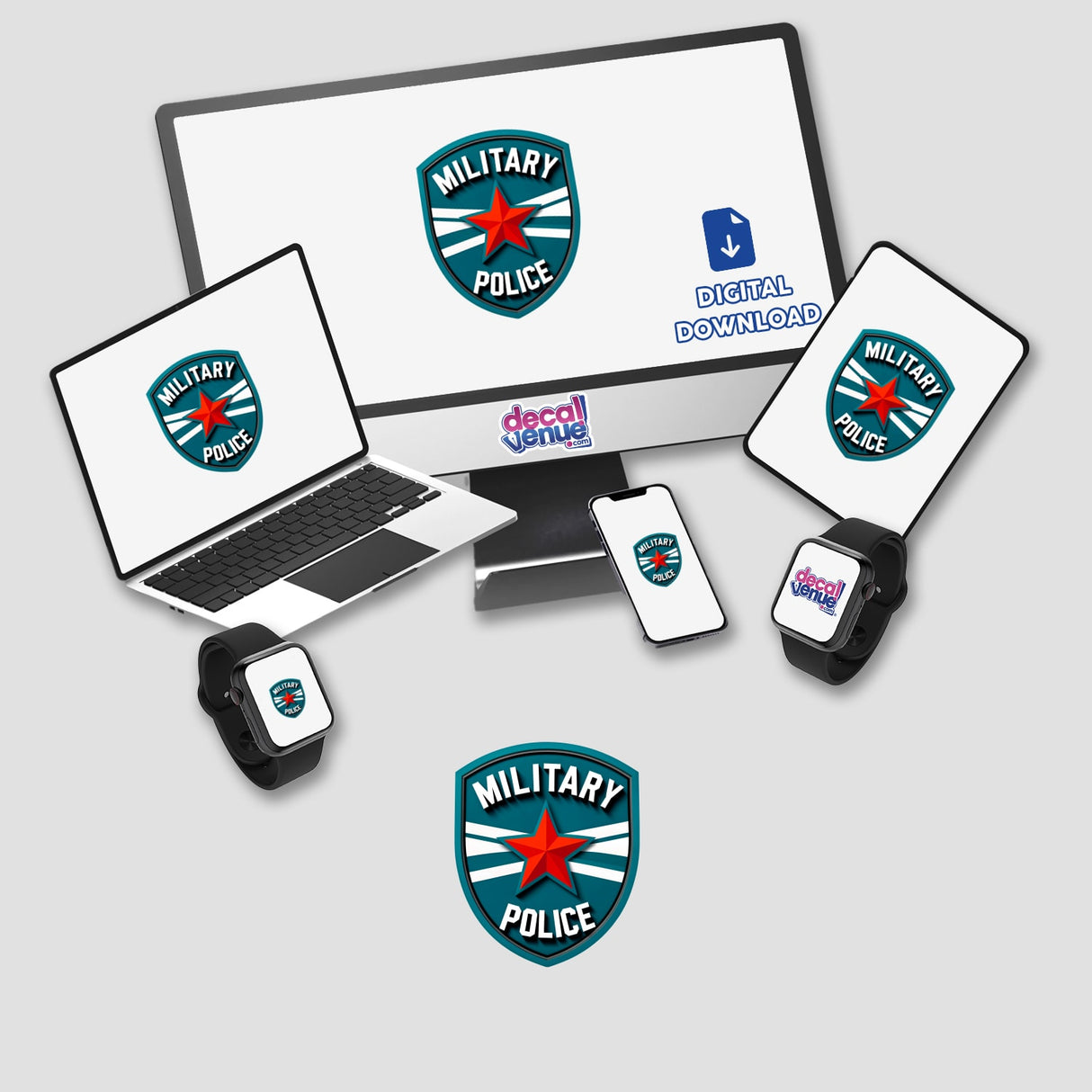 Military Police Shield Logo displayed on a computer monitor and laptop, available as stickers or digital artwork from Decal Venue, specializing in unique stickers and digital art.