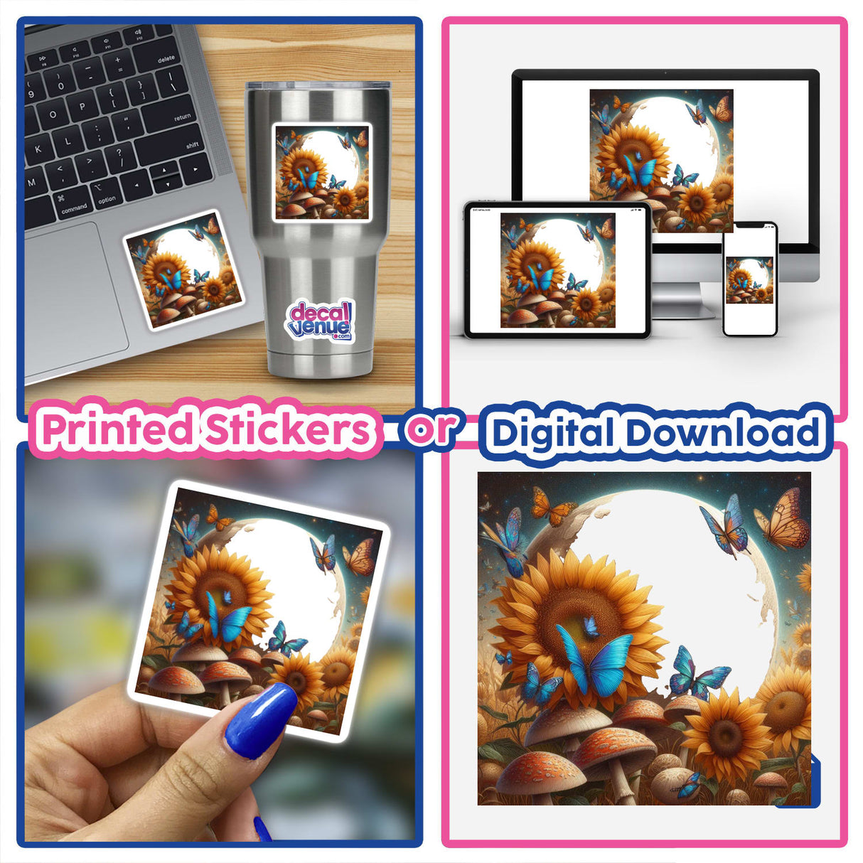 Collage featuring Luna-themed stickers and digital artwork of laptops adorned with sunflower and butterfly designs, highlighting unique hand-held displays and close-up details of the intricate artwork.