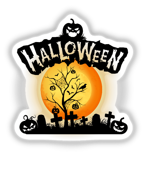 Halloween Icon featuring a tree adorned with pumpkins and bats, set against a spooky cemetery silhouette. Available as Stickers or Digital Artwork from Decal Venue.