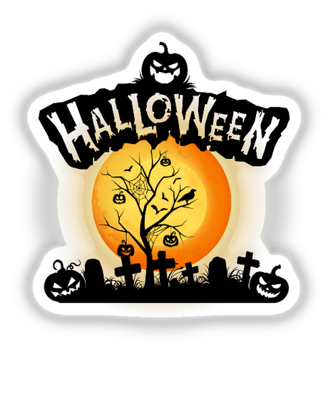 Halloween Icon featuring a tree adorned with pumpkins and bats, set against a spooky cemetery silhouette. Available as Stickers or Digital Artwork from Decal Venue.