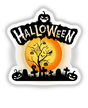 Halloween Icon featuring a tree adorned with pumpkins and bats, set against a spooky cemetery silhouette. Available as Stickers or Digital Artwork from Decal Venue.