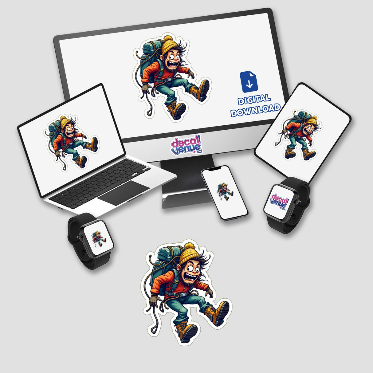 Alpinista Zoiudo stickers or digital artwork displayed on a computer monitor and laptop, featuring cartoon characters.