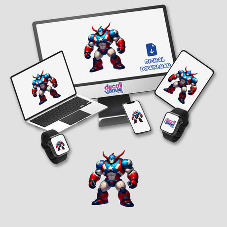 A Cool American Flag Army Robot cartoon displayed on various devices, available as stickers or digital artwork from Decal Venue, known for unique vinyl stickers and digital art.