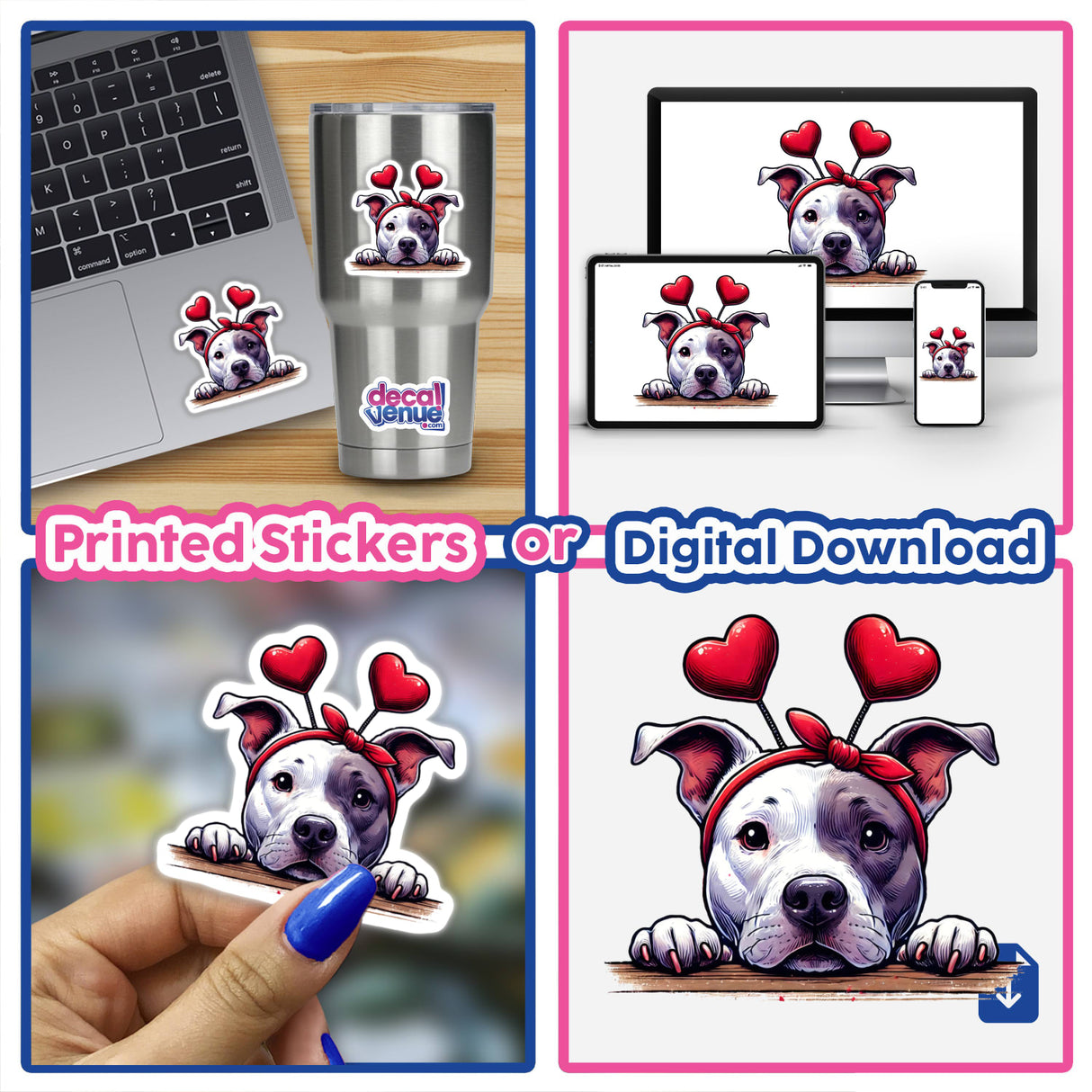 Peeking Eye Patch Heart Pitbull Dog sticker on a laptop, featuring a cartoon pitbull with hearts above its head. Available as vinyl stickers or digital artwork from Decal Venue.