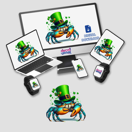 Irish Leprechaun Blue Crab depicted across various devices, showcasing its playful cartoon design. Available as stickers or digital artwork at Decal Venue, specializing in unique vinyl creations.