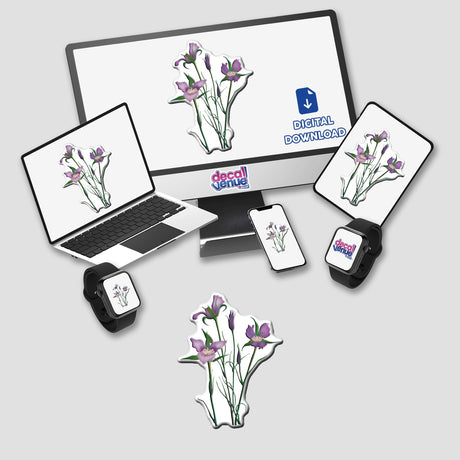 American Wild Flowers sticker or digital artwork featuring a computer monitor, laptop, and phone, each displaying vibrant purple flowers, reflecting Decal Venue's unique artistic design.