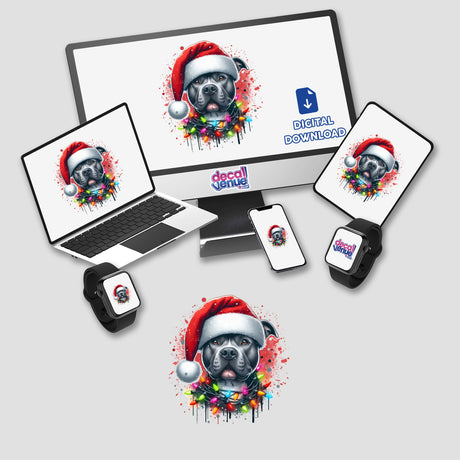 Christmas Pitbull Santa Tangled in Lights shown on various devices, including a computer monitor, laptop, and smartwatch, highlighting its availability as unique stickers or digital artwork.