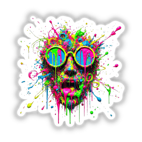 Neon Psychedelic Splatter Face - Vibrant Dripping Paint, showcasing a vivid, abstract face with dynamic paint splashes, available as stickers or digital artwork from Decal Venue.