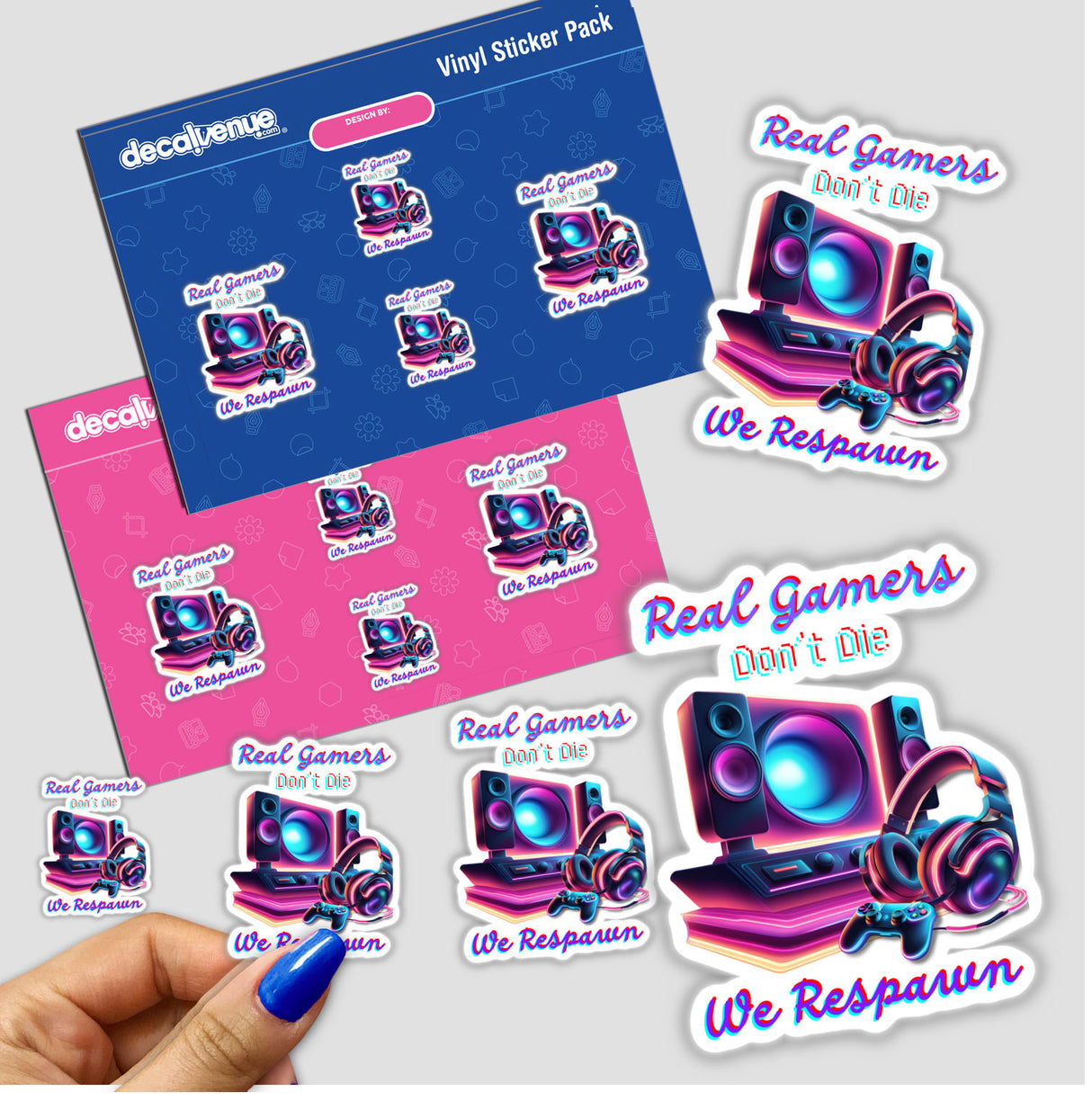 Hand holding a sticker pack featuring a video game setup, including a console and headphones, from Decal Venue's unique sticker and digital art collection.