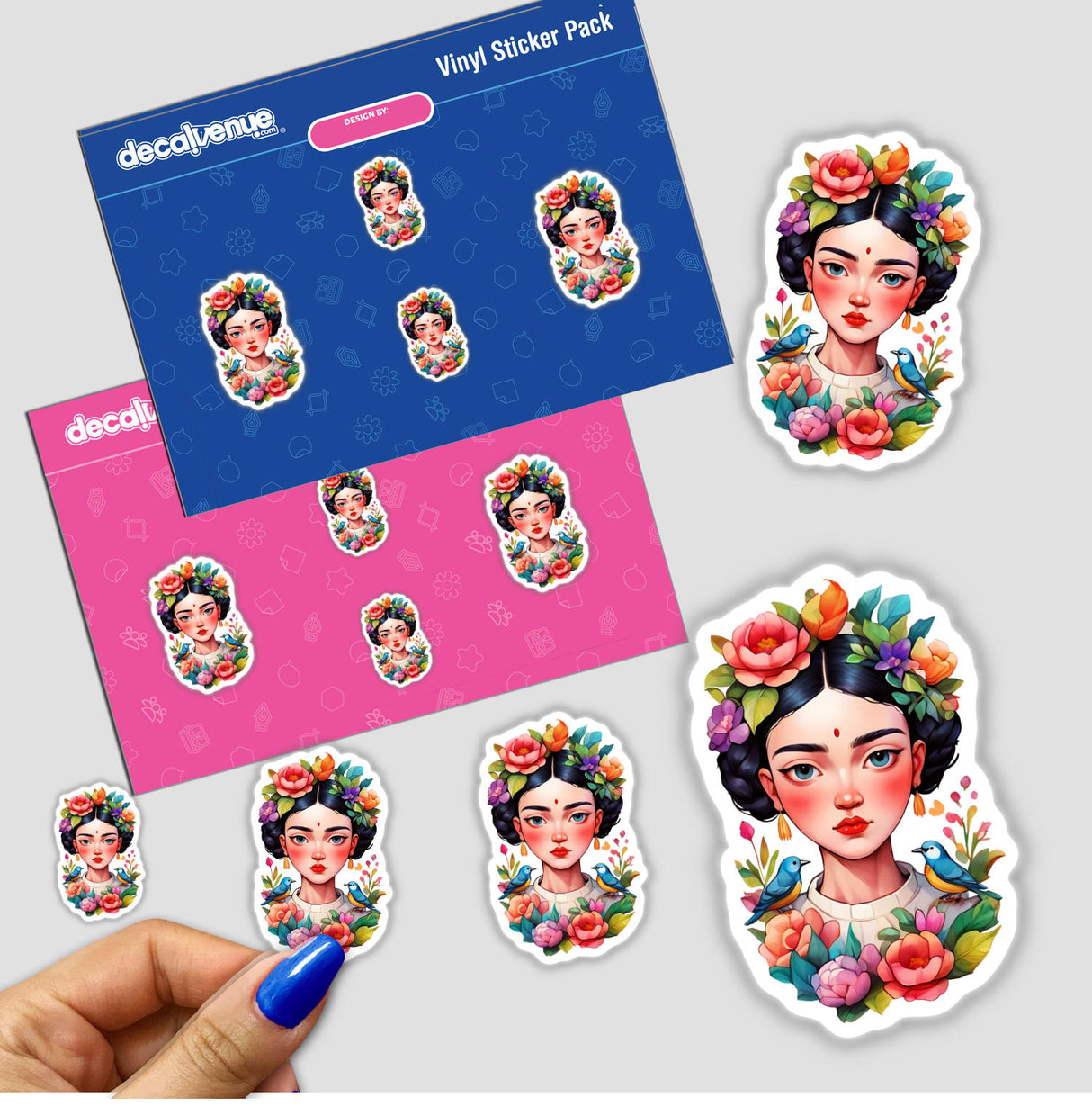 Frida-Inspired Floral Portrait Sticker featuring vibrant botanical artistic design, showcasing a woman's face adorned with flowers. Available as stickers or digital artwork.